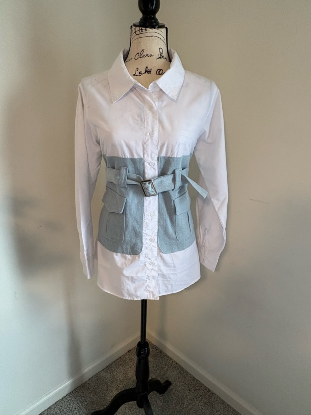 White Button-Down Shirt with Light Blue Belted Waist